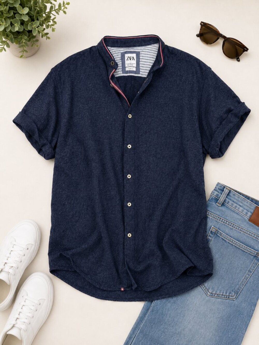 Zara Men's Navy Short Sleeve Button Up Shirt XL Slim Fit